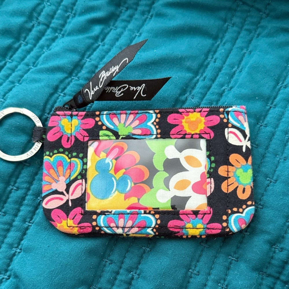 Vera Bradley Black Multi Quilted Floral ID Wallet with Keyring
